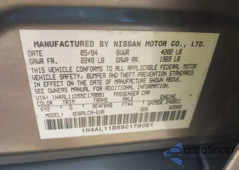 2005 Nissan Altima 2.5 S z USA, uszkodzony, nr VIN 1N4AL11D55C178081